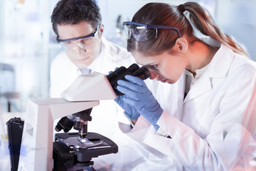 Life scientists researching in laboratory. Attractive female young scientist and her doctoral...