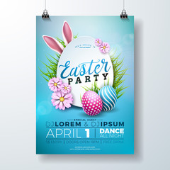 Naklejka premium Vector Easter Party Flyer Illustration with painted eggs, rabbit ears and typography elements on nature blue background. Spring holiday celebration poster design template.