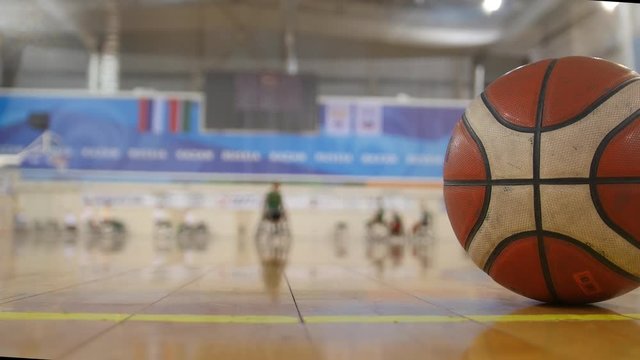 Basketball ball indoor during training for disabled wheelchair sportsmen