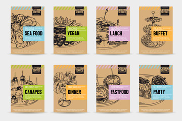 Beautiful vector hand drawn catering servise food card set.