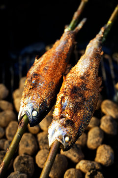 Steckerlfisch; Am Stab gegrillter Fisch; Fisch grillen