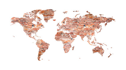 world map from old bricks in loft style, for interior, design, screensaver, pictures, advertising