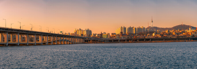 Banpo Bridge at hangung river and Seoul tower in seoul, Soth Korea.