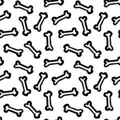 Black and white seamless pattern with bones, doodle background, hand-drawn watercolor illustration.