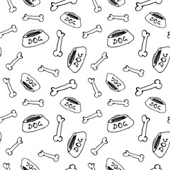 Black and white seamless pattern with bones and dog bowls, doodle background, hand-drawn watercolor illustration.