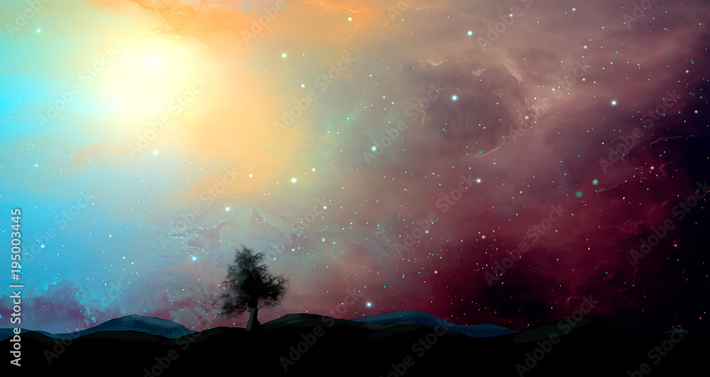 Wall mural Space colorful nebula with tree and land silhouette. Elements furnished by NASA. 3D rendering