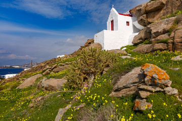 Fototapeta na wymiar Church of St. Basil, typical Greek church building on the island Mykonos, The island of the winds, Greece