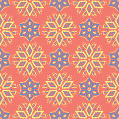 Floral red seamless pattern. Bright colored background with yellow and blue flower elements