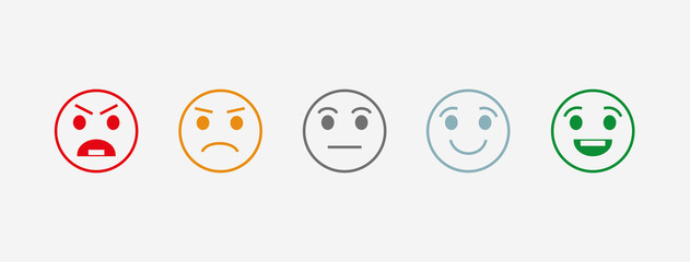 Rating satisfaction. Vector icon. The range of emotions. 5 kinds of moods. User experience. Feedback in the form of emotion. Excellent, good, normal, bad, awful