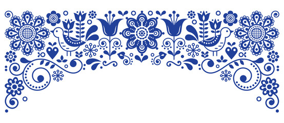 Scandinavian folk art frame border retro vector greeting card design, floral navy blue ornament with birs and flowers - obrazy, fototapety, plakaty