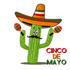 Cinco De Mayo sombrero, chili pepper, cactus and maracas festive design. For celebration of the Mexican holiday on May 5.