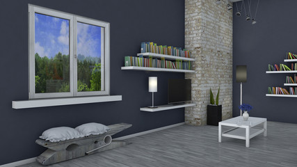 Arredamento d’interni, soggiorno e arredamento moderno, parete di mattoni, vetrata con vista su un parco. Attico di prestigio. Seduta a forma di molletta con cuscino. Panca © Naeblys