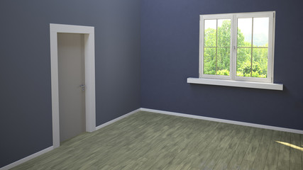 Stanza con porta d’ingresso e finestra, parete blu e parquet chiaro, vetrata con vista su un parco. Stanza vuota alle prime luci del mattino