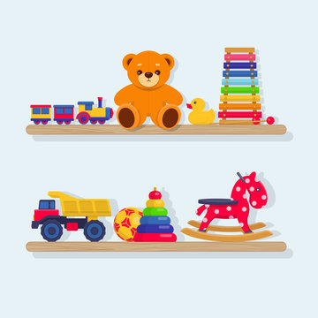 Set of different kids toys on wooden shelves on a white background. Vector illustration