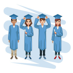 Young students in graduation cartoons vector illustration graphic design