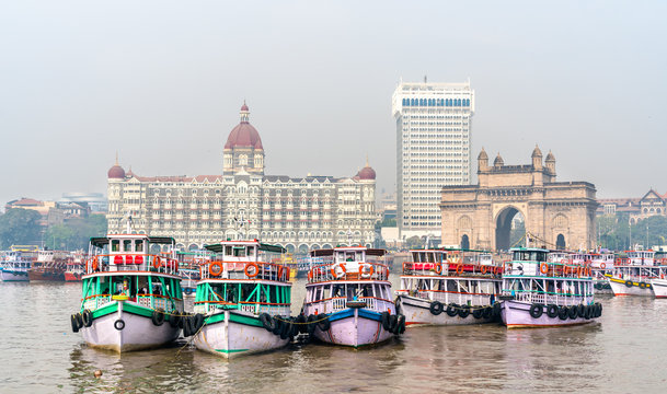 Ferries near the Gateway of India in Mumbai, India