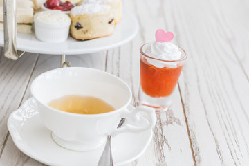 Afternoon tea set with dessert, English tea set with dessert, selective focus point.