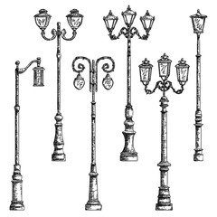 Set of vector illustrations drawing of lamppost. - 195007049