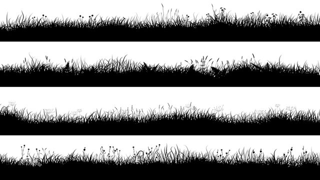 Horizontal banners of meadow silhouettes with short grass.