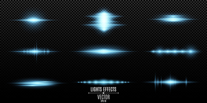 Blue light effects on a transparent background. Bright flashes and glares of blue color. Bright rays of light. Light vibration from sound. Glowing lines. Vector illustration