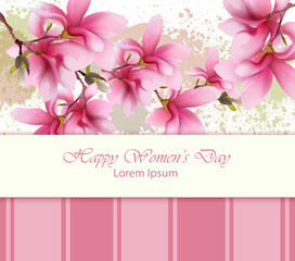 Happy women day flowers card Vector. Watercolor delicate floral template. Lovely greeting vintage splash backgrounds