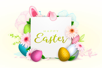 Happy Easter background, trendy pattern with Egg Hunt, rabbit ears. Spring holiday flyers, banners, posters and templates design. Vector illustration.