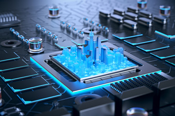 3d illustration of futuristic micro chip city. Computer science information technology background. Sci fi megalopolis.