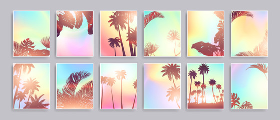 Colorful Summer banners, tropical backgrounds set with palms, sea, clouds, sky, beach. Beautiful Summer Time cards, posters, flyers, party invitations. Summertime, template collection. © Gluiki