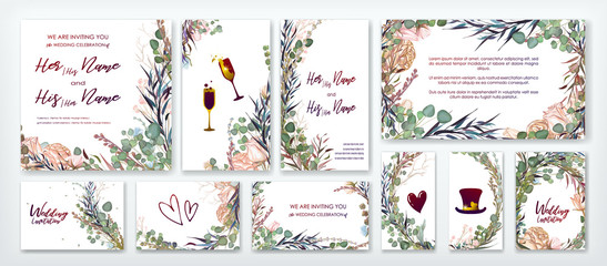 Wedding invitation frame set; flowers, leaves, watercolor, isolated on white. Sketched wreath, floral and herbs garland with green, greenery color. Handdrawn Vector Watercolour style, nature art.