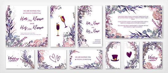 Wedding invitation frame set; flowers, leaves, watercolor, isolated on white. Sketched wreath, floral and herbs garland with green, greenery color. Handdrawn Vector Watercolour style, nature art.
