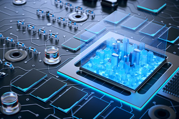 3d illustration of futuristic micro chip city. Computer science information technology background. Sci fi megalopolis.