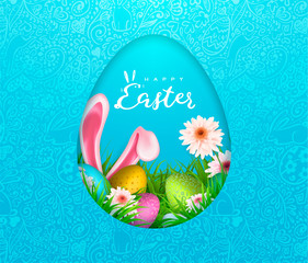 Happy Easter background, trendy pattern with Egg Hunt, rabbit ears. Spring holiday flyers, banners, posters and templates design. Vector illustration.