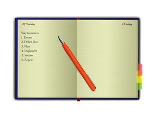 Business notebook (diary) with motivation text about business idea and planning. With free blank space for your text