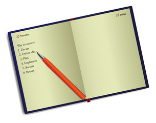 Business notebook (diary) with motivation text about business idea and planning. With free blank space for your text