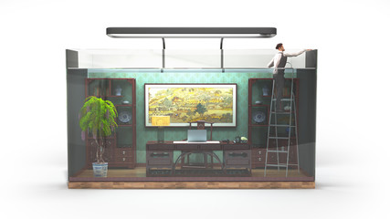 the concept of limited choice, social exclusion, working office in the aquarium with a 3d genereted person 3d render on white