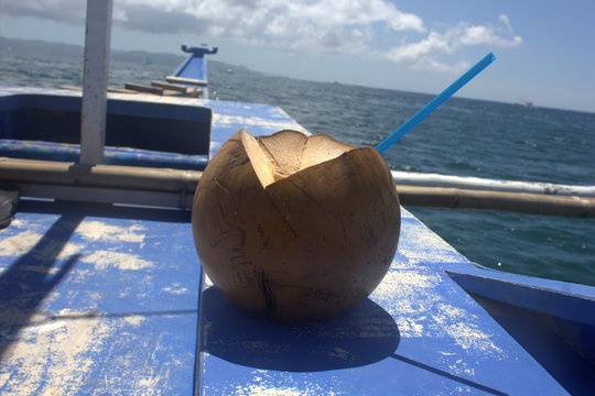 coconut by the boat, the sea, the island Borakay Filippiny