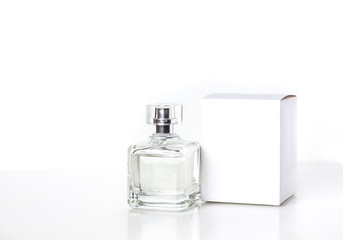 Perfume bottle mock up, fragrance spray and white box 
