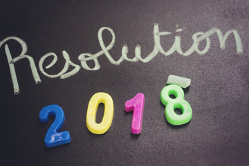 handwriting resolution with chalk  and 2018 plastic number on chalkboard