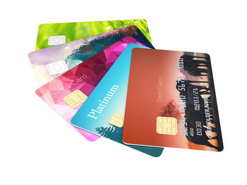 3d illustration of detailed glossy credit cards isolated on white background without shadow