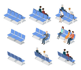 Isometric 3D vector illustration set collection of people sitting on a bench and waiting for reception
