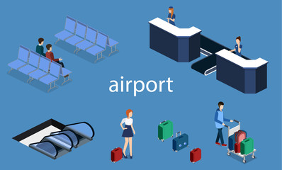 Isometric 3D vector illustration people at the airport with luggage and waiting for the plane
