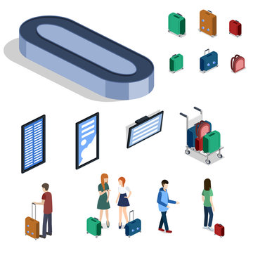 Isometric 3D vector illustration people at the airport with luggage and waiting for the plane