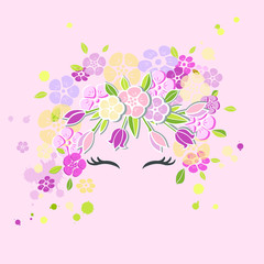 Vector illustration with Smiling Girl Face and flower wreath. Template for Warm season postcard, woman's day, mother day, Chinese New Year, girl birthday, Japanese girl day.