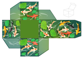Box of gift. Carps Koi fish under water. Underwater view. Vector illustration.