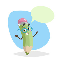 Cartoon funny green pencil nerd character in goggles. Education mascot in glasses for kids with dummy speech bubble. Vector illustration isolated on white background.