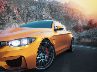 The front sports cars with mountain backdrop, with the morning sun. 3d rendering and illustration.