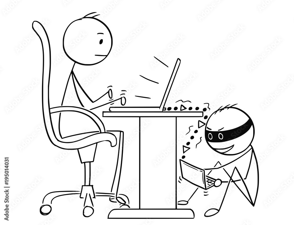 Fototapete cartoon stick man drawing conceptual illustration of businessman working on notebook computer while 