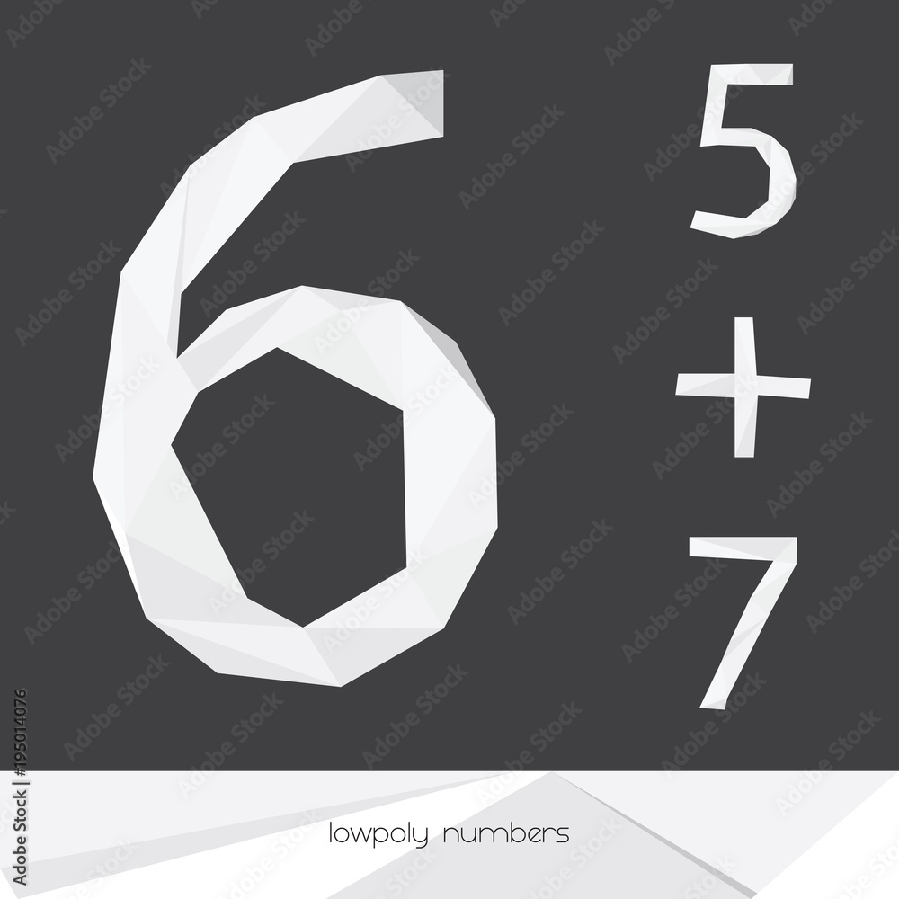 Poster vector set with low poly numbers 5 6 7 isolated on dark background. grey and white digits