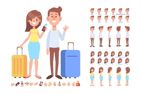 Man and woman with luggage in airport ready for vacation. Front, side, back, 3/4 view characters. Constructor with various views, face emotions, lip sync. Cartoon style, flat vector illustration.