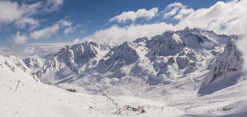 Winter mountains panorama with ski slopes, Bareges, Pyrennees, France